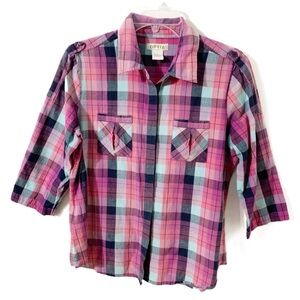 Orvis Cotton 3/4 Sleeve Plaid Button Front Pointed Collar Shirt Breast Pockets🩷